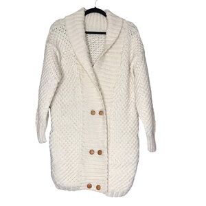 MED Hand Knit Hand Made Cardigan Cable Aran Sweater  Neck Buttons Grandma Mom